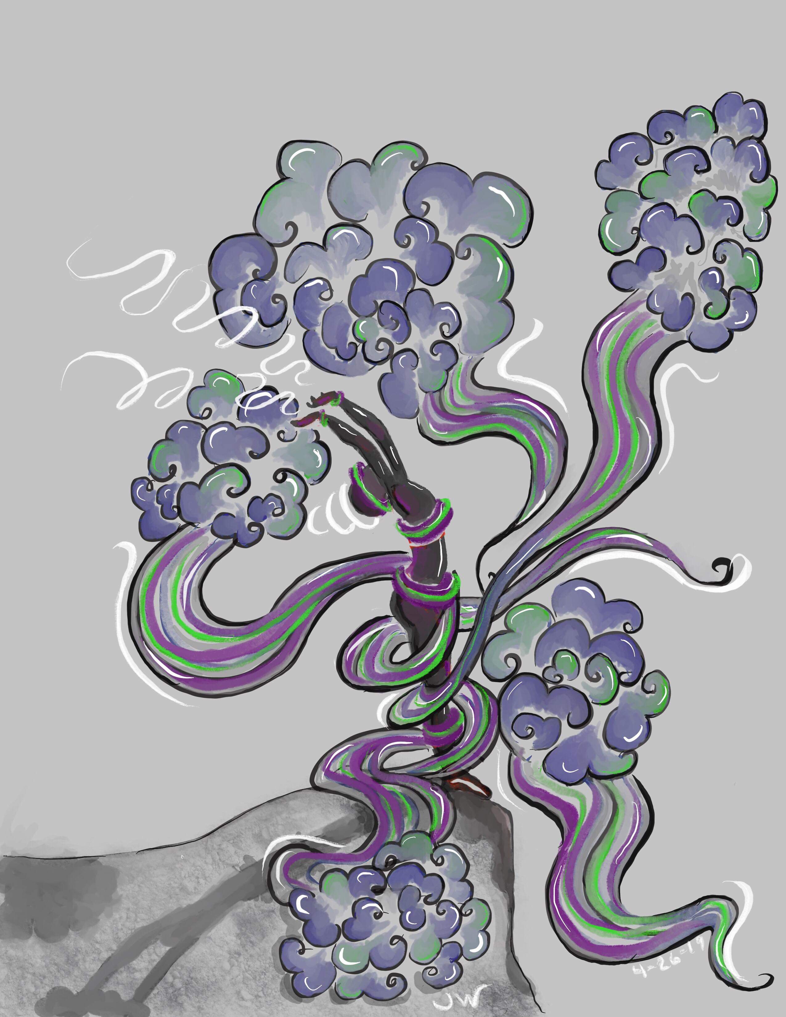 image of a person standing on the edge of a cliff with purple and grey clouds swirling around their body, coming off of them and around the cliff